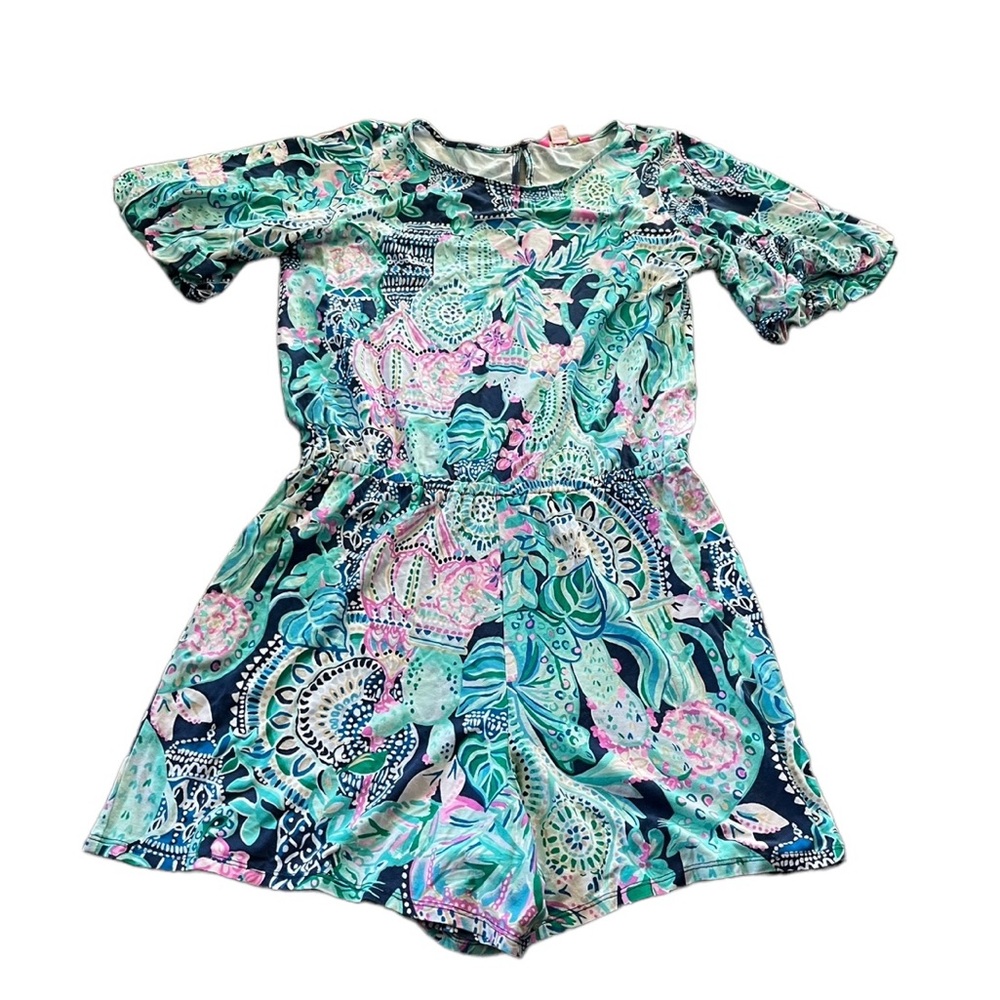 Lilly Pulitzer Womens Blue/Pink Britton Romper Size Large Puff Sleeve
